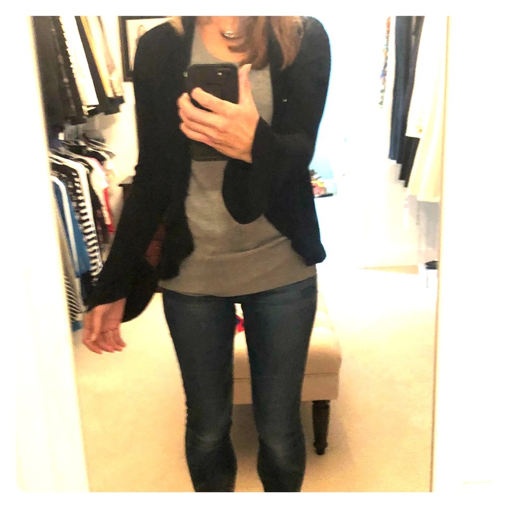 Black ruffle front and sleeve open front sweater